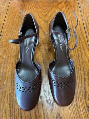 Coldwater Creek Women's Dark Brown Scalloped Ankle-Strap Pumps